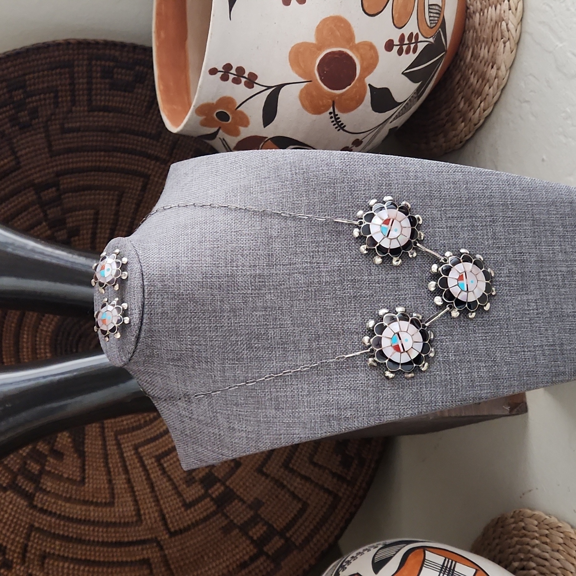 Native American Zuni Vintage Sunface Inlaid Necklace & Earrings Set